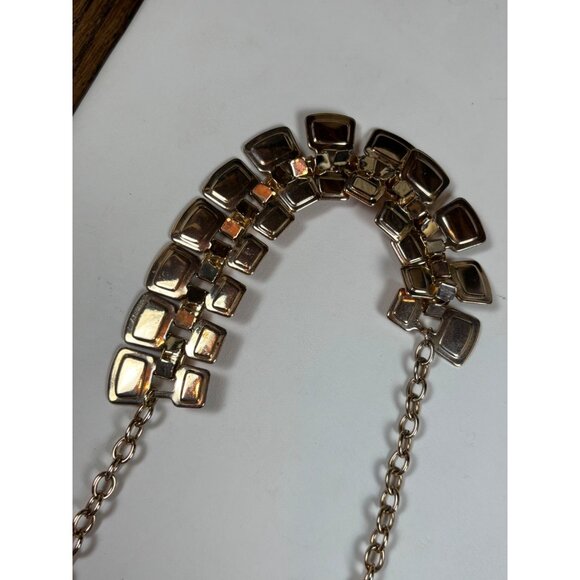 Orange & Blue Statement Necklace With Double Row Square Resin Accents On Gold-To - Picture 5 of 9